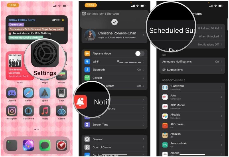 Modify existing Notification Summary: Launch Settings, tap Notifications, tap Scheduled Summary