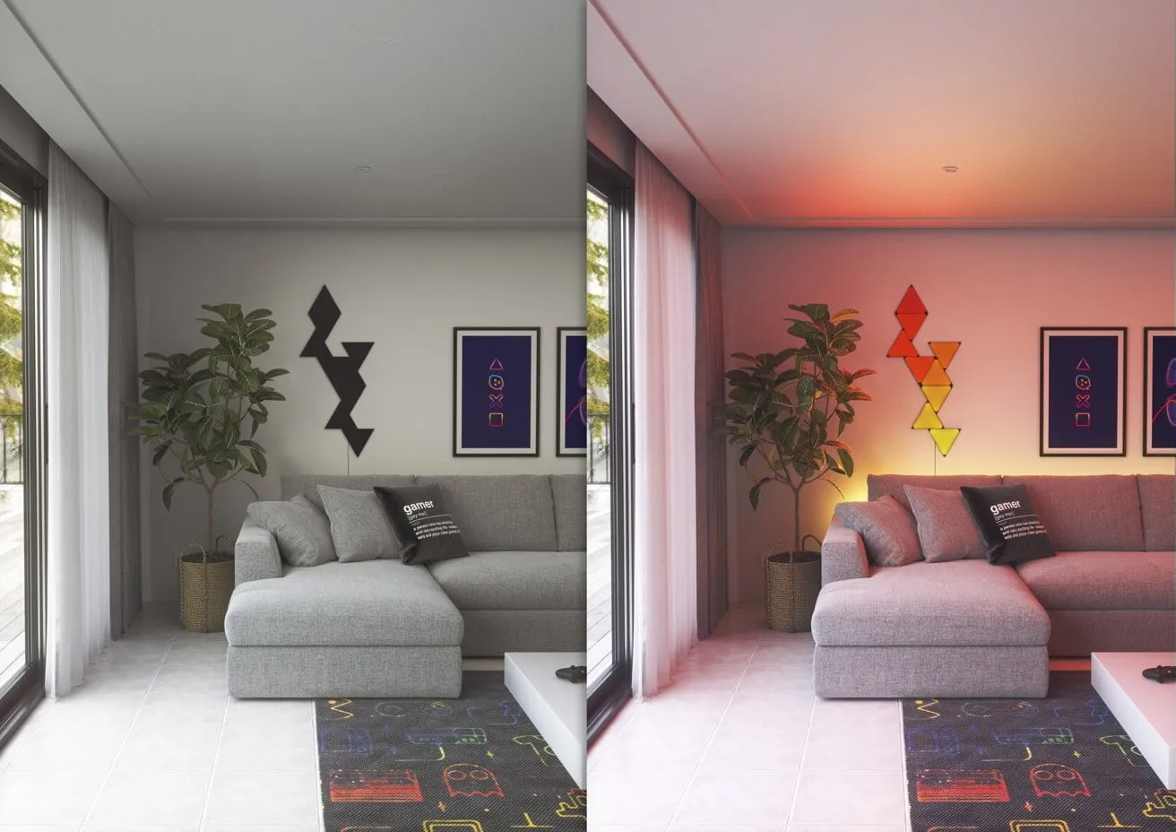 Go to the dark side with special-edition Nanoleaf Shapes smart lights See the special-edition all-black Shapes turned off, at left, and turned on, at right.