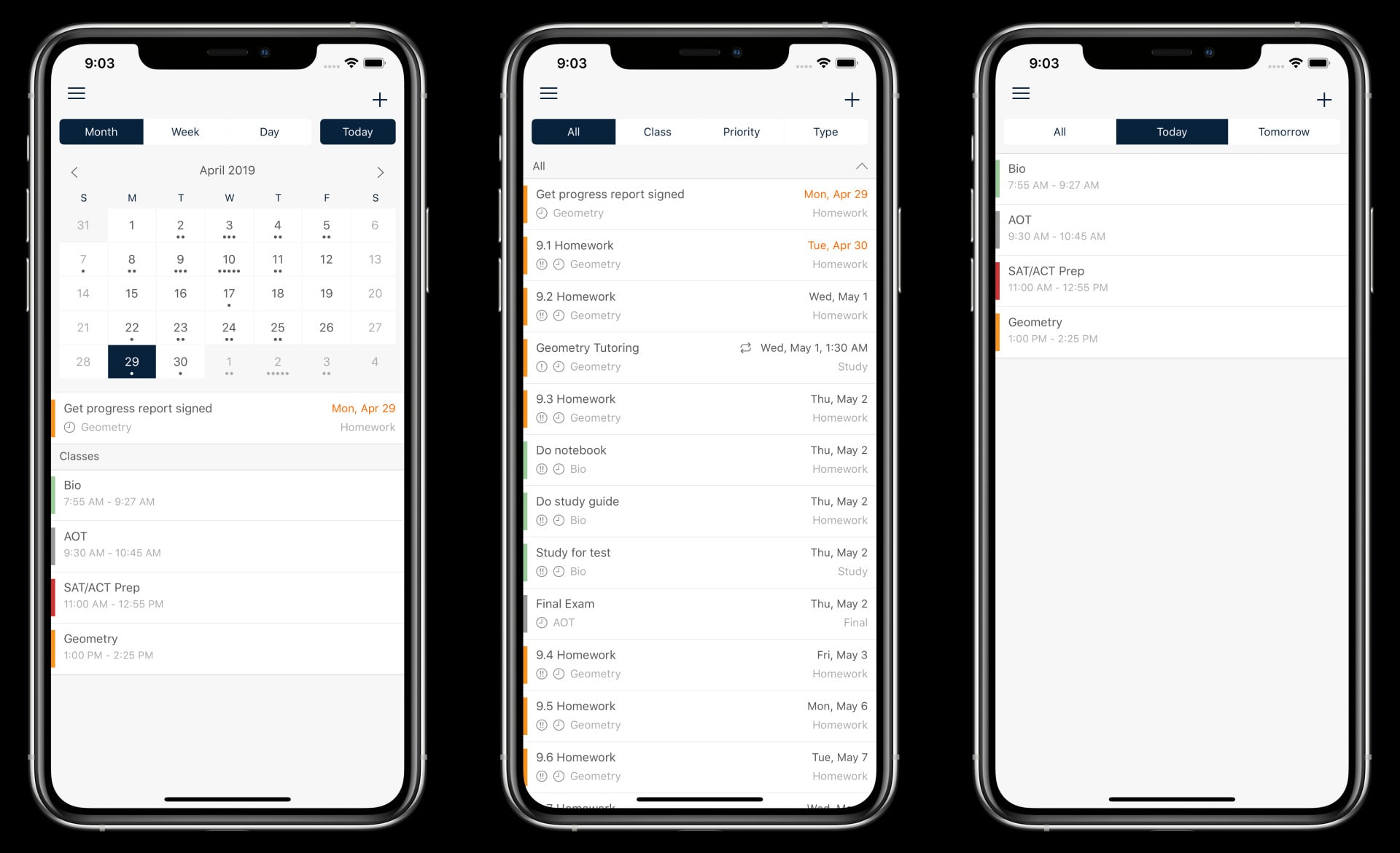 The myHomework Student Planner app shown on three iPhones side-by-side.