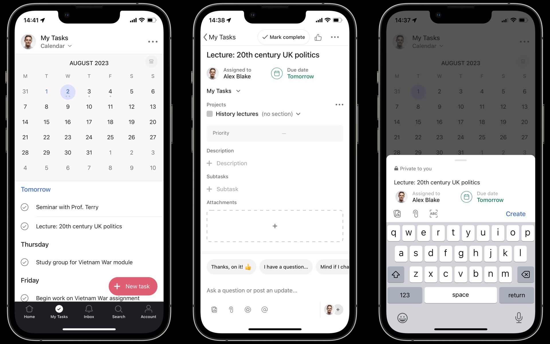 The Asana: Work in one place app shown on three iPhones side-by-side.